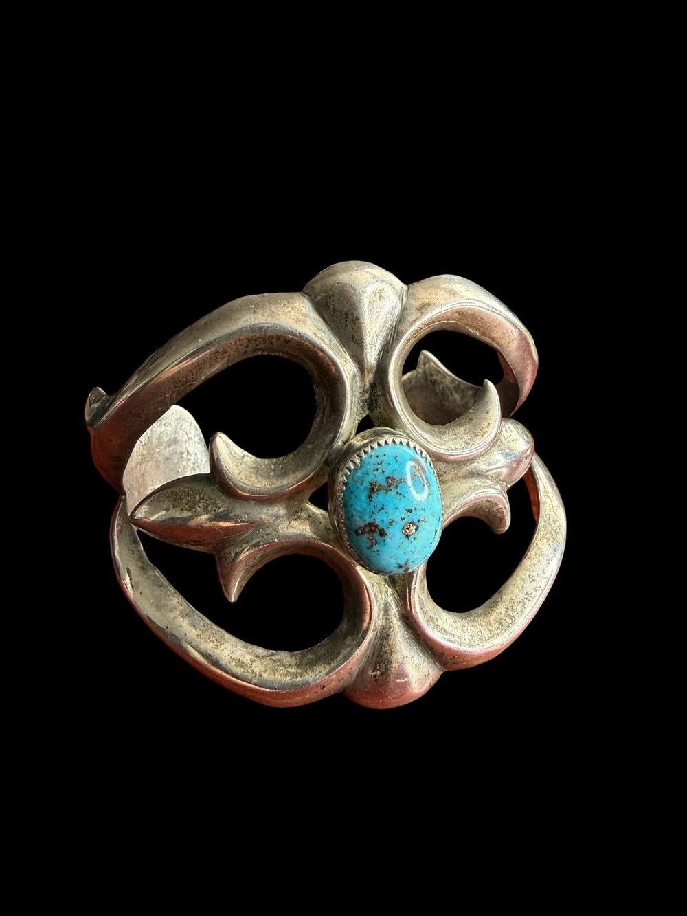 Native American Sand Cast Silver Turquoise Cuff Bracelet Unsigned 68g